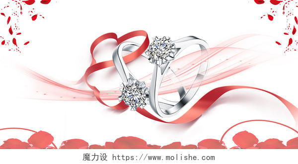 红色浪漫玫瑰花瓣戒指丝带背景展板珠宝首饰背景